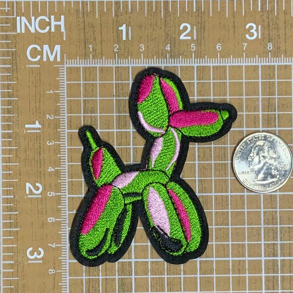 Balloon Dog Embroidered Patch Green Pink Fuchsia Black Iron On - Picture 1 of 4